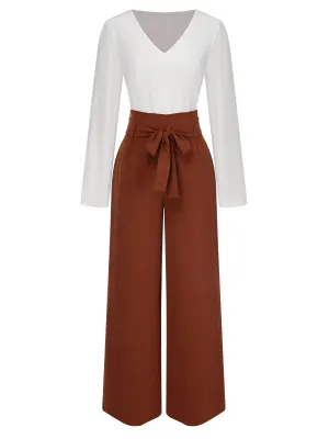 2PCS 1930s V-Neck Top & Wide Leg Lounge Pants