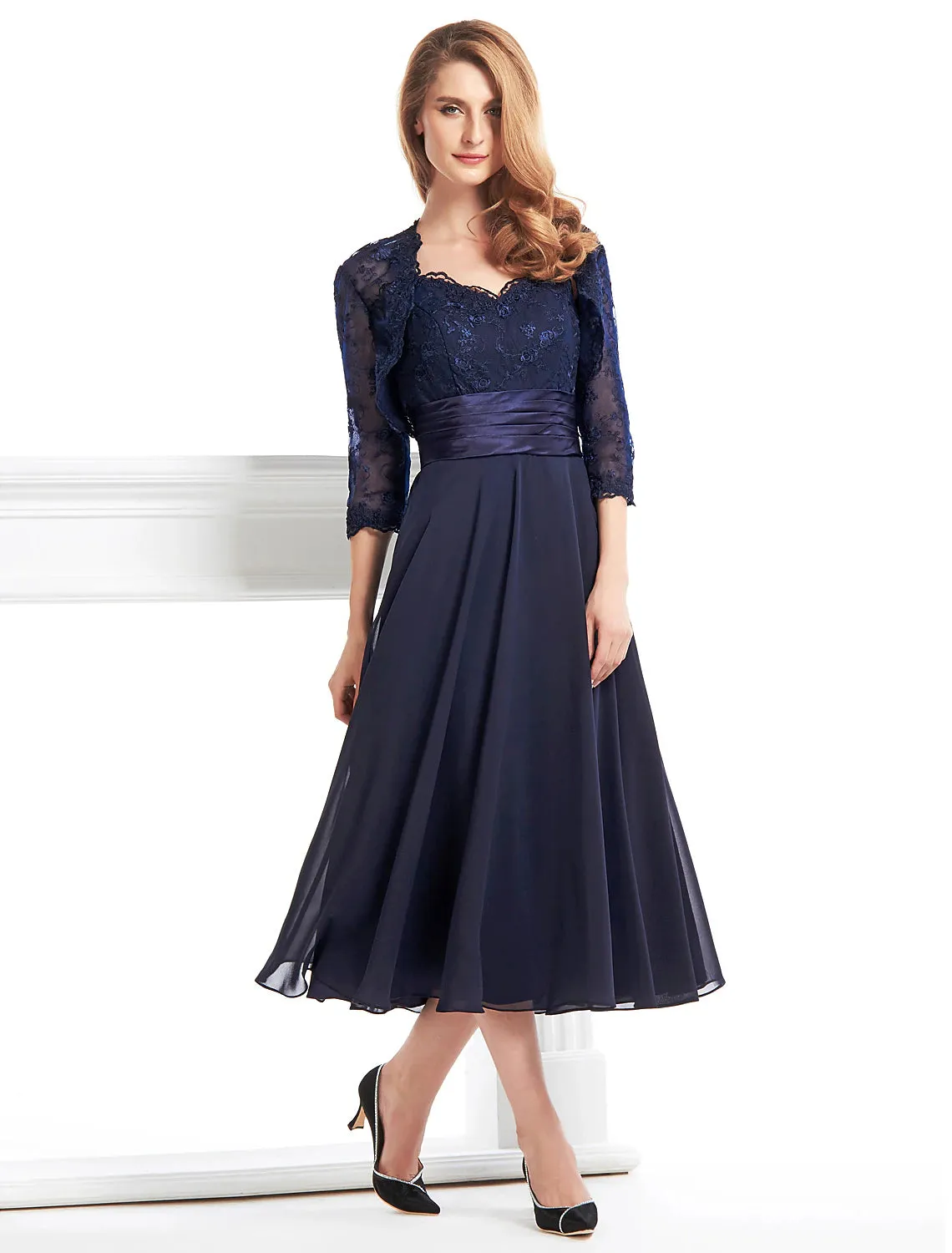 A-Line Mother of the Bride Dress Convertible Dress V Neck Tea Length Chiffon Corded Lace Sleeveless with Lace Pleats Appliques