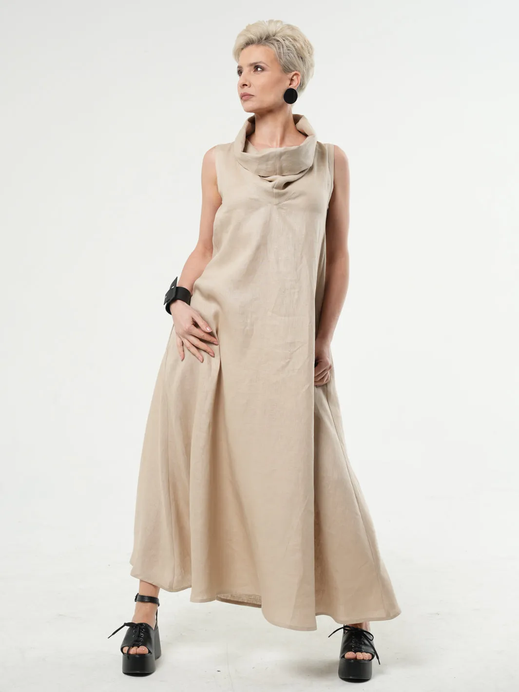 Black Linen Maxi Dress With Large Collar