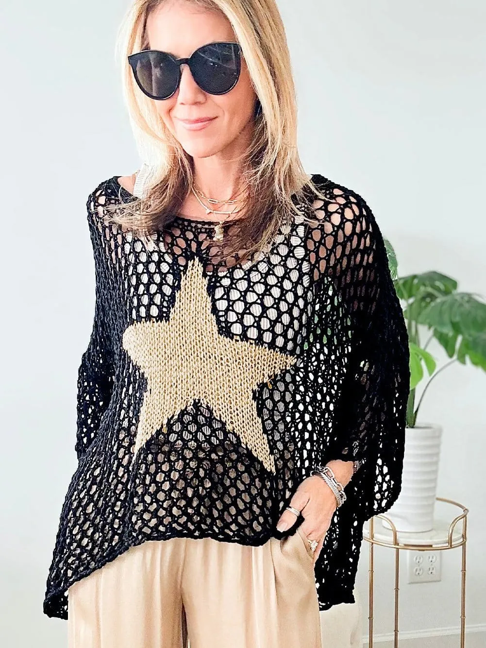 Black See-Through Knit Top with Golden Star