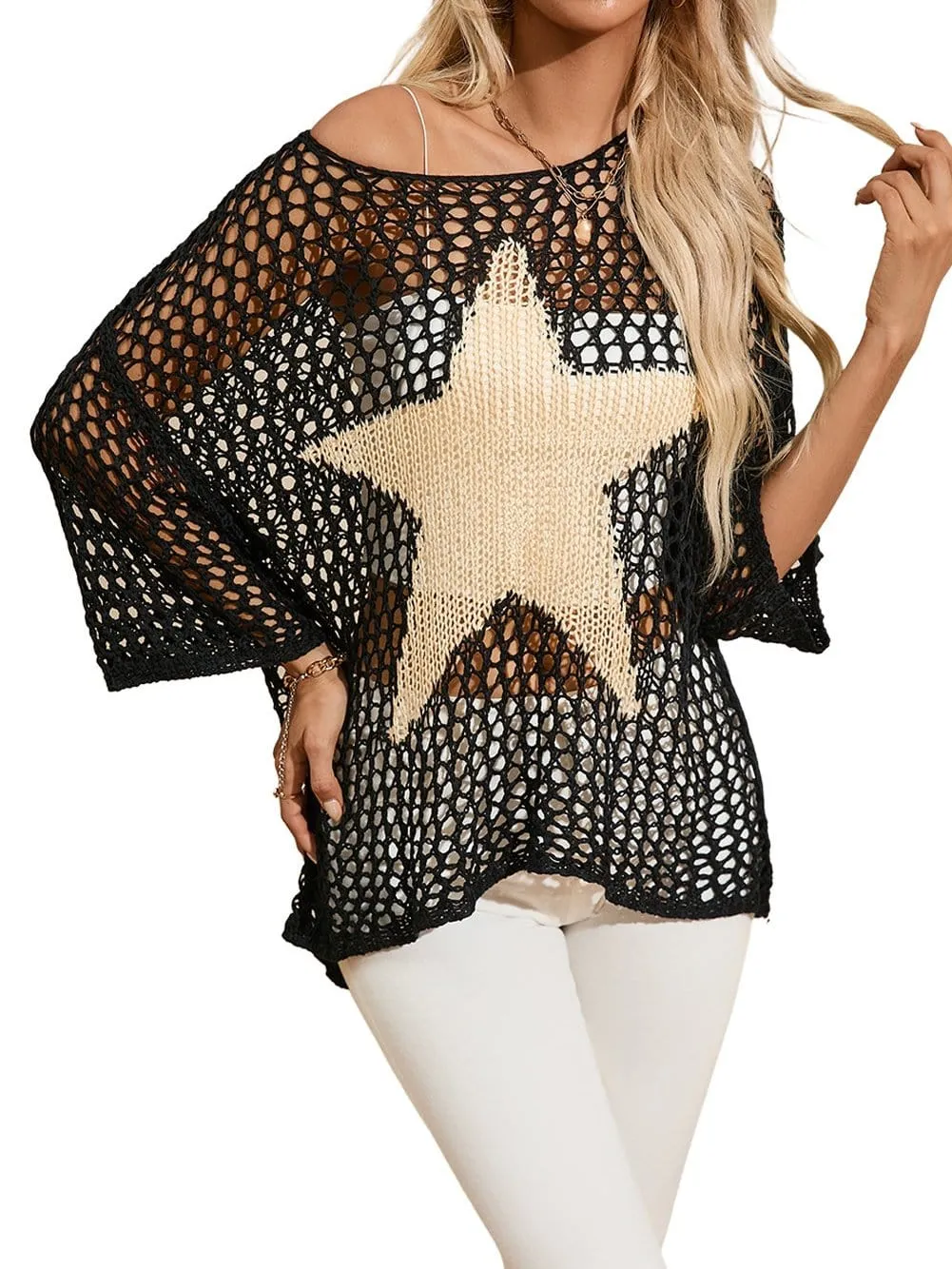 Black See-Through Knit Top with Golden Star