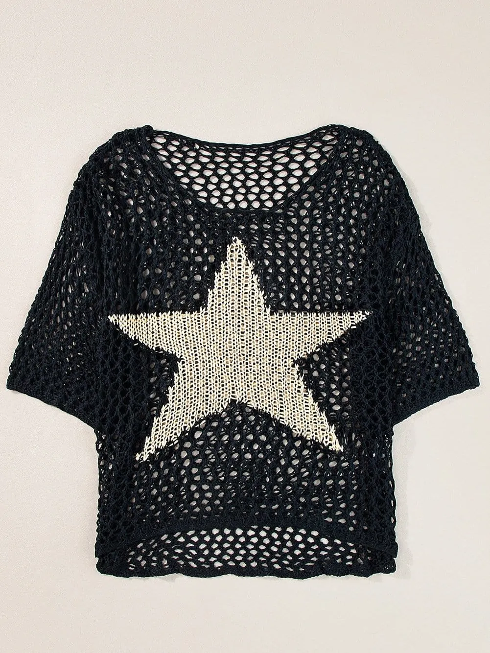 Black See-Through Knit Top with Golden Star