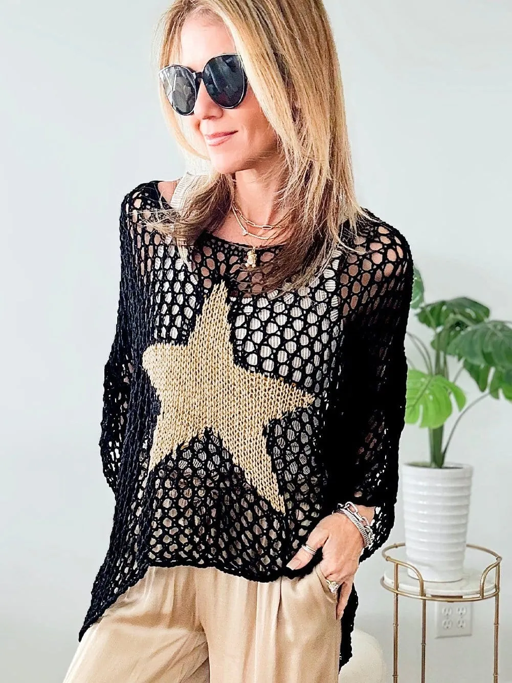 Black See-Through Knit Top with Golden Star