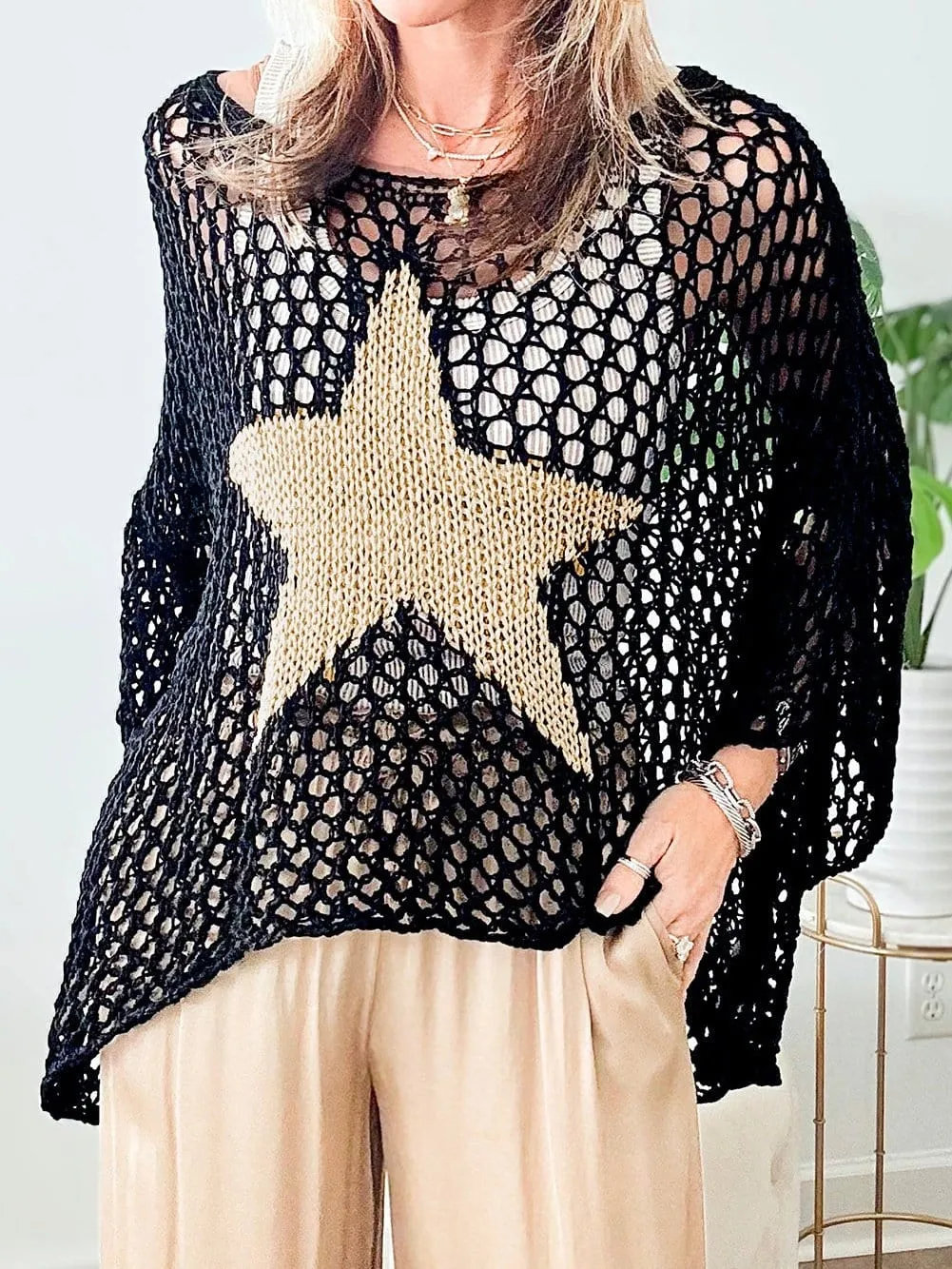 Black See-Through Knit Top with Golden Star