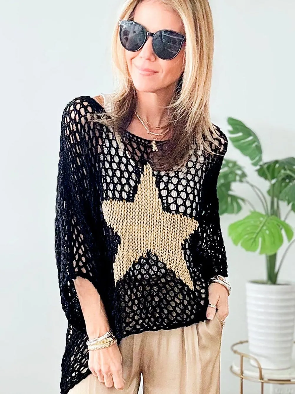 Black See-Through Knit Top with Golden Star