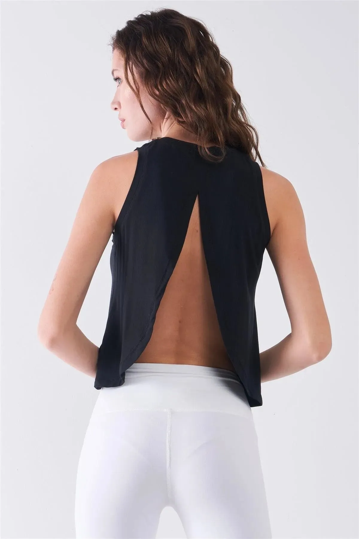 Black Sleeveless Crew Neck Ribbed Split Back Top /1-2-2-1