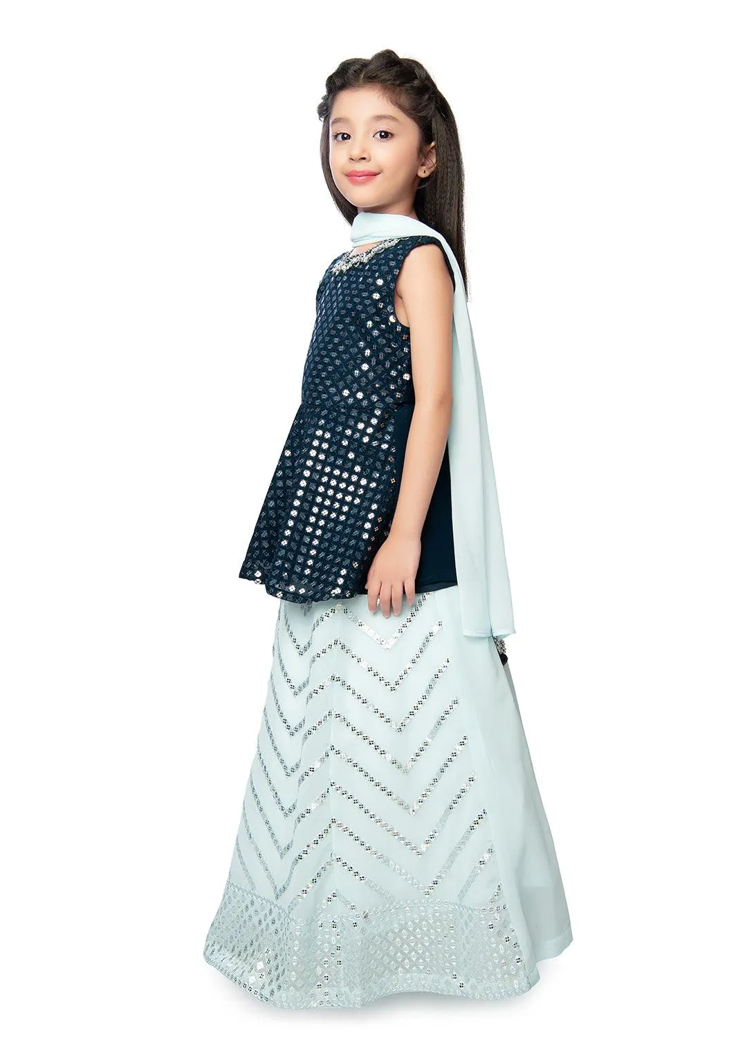 Blue Coloured Embellished Mirror Work Ready to Wear Lehenga & Peplum Blouse With Dupatta For Girls