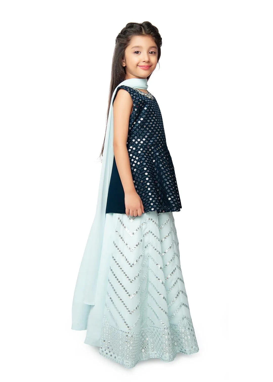 Blue Coloured Embellished Mirror Work Ready to Wear Lehenga & Peplum Blouse With Dupatta For Girls