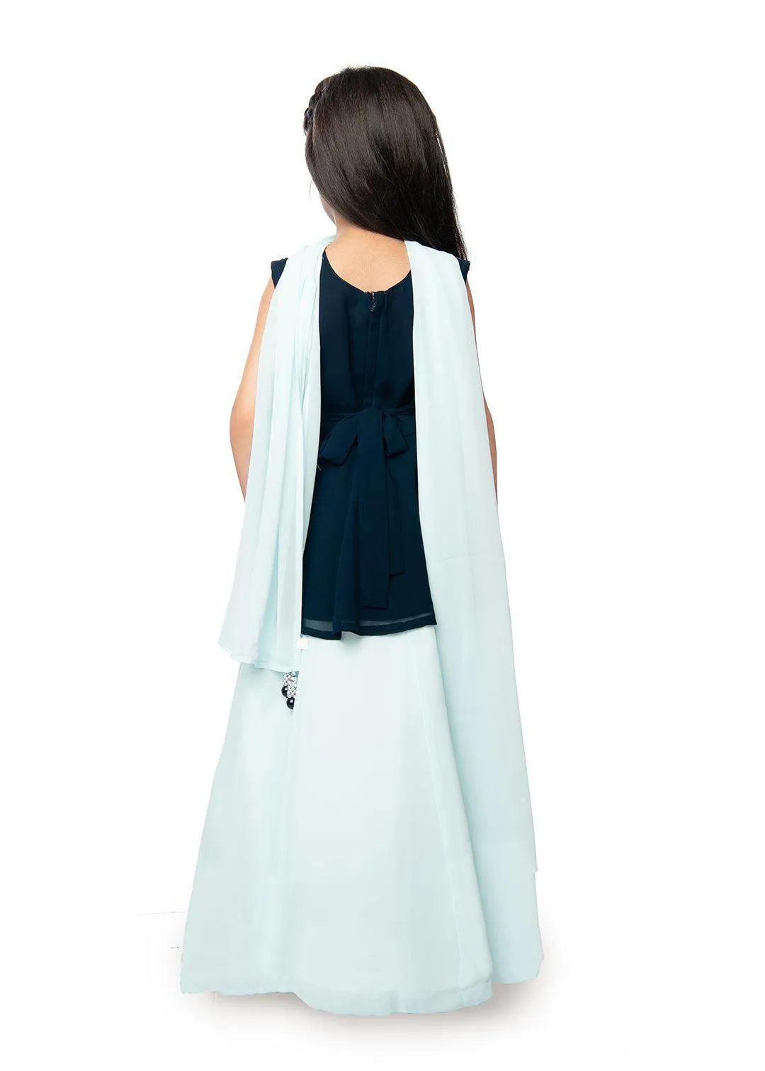 Blue Coloured Embellished Mirror Work Ready to Wear Lehenga & Peplum Blouse With Dupatta For Girls
