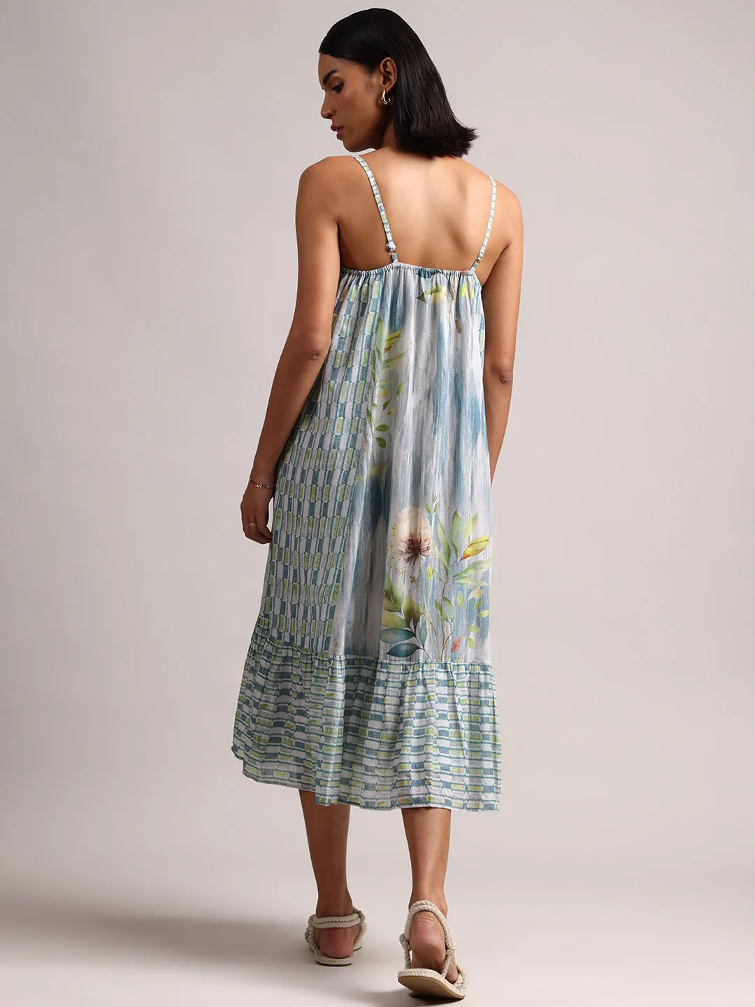 Blue Cotton Linen Tropical Tiered Dress