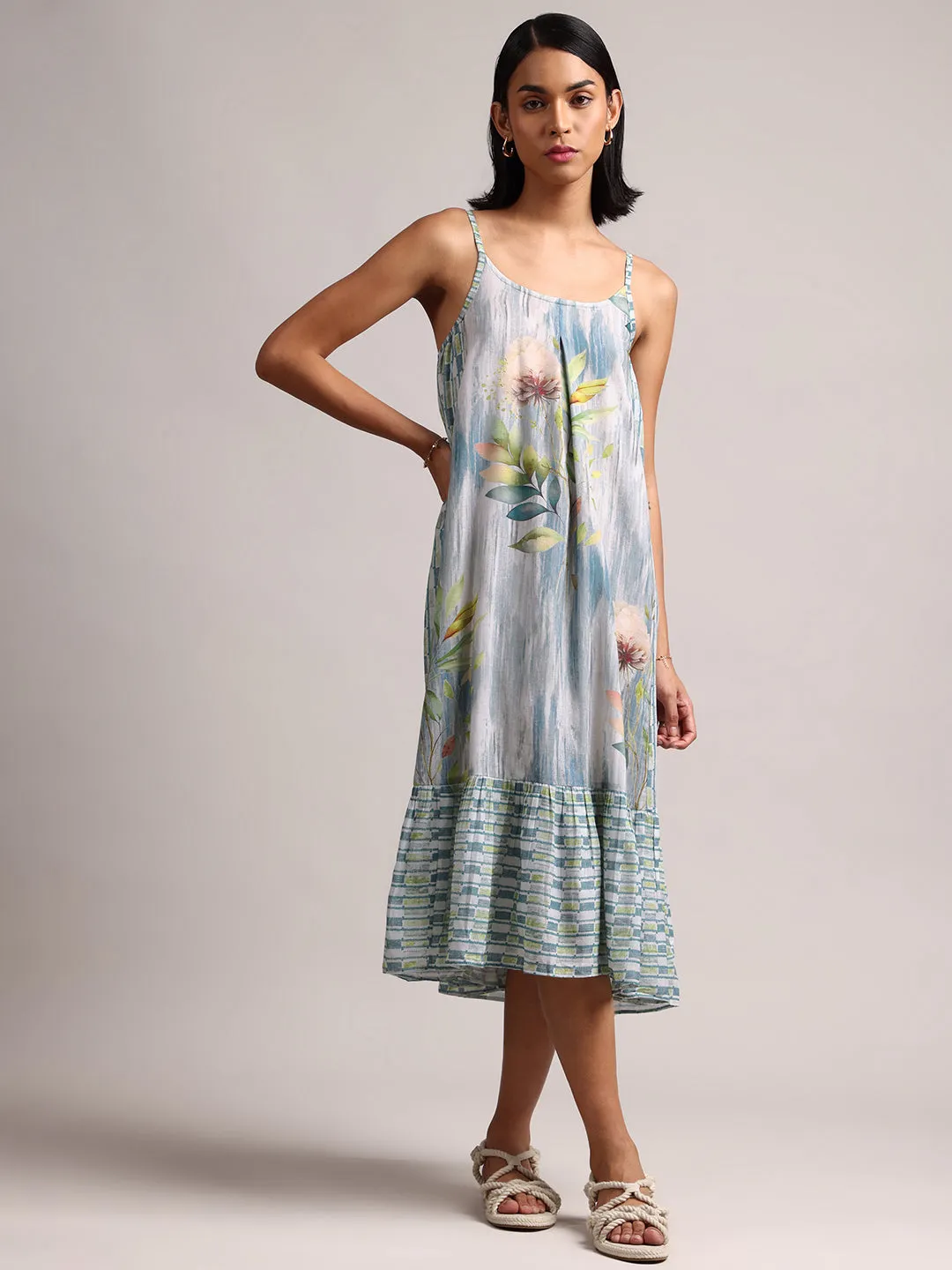 Blue Cotton Linen Tropical Tiered Dress