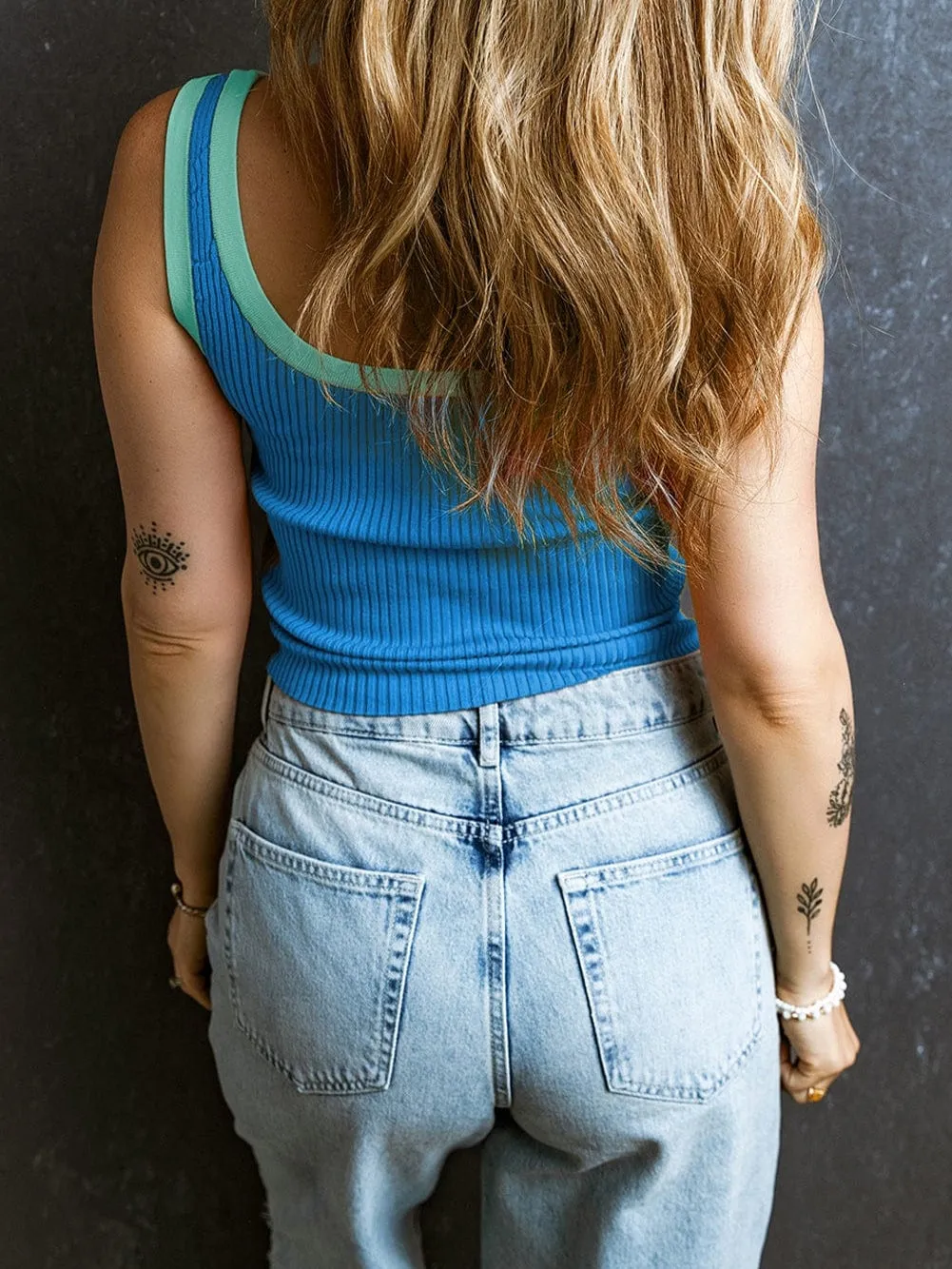 Blue Ribbed Knit U Neck Tank Top with Colorblock Detail