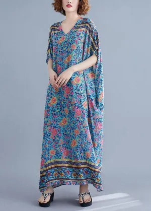 Bohemian v neck pockets cotton summer tunic pattern Photography blue print long Dress