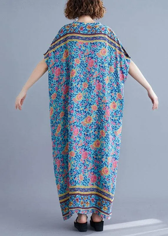 Bohemian v neck pockets cotton summer tunic pattern Photography blue print long Dress