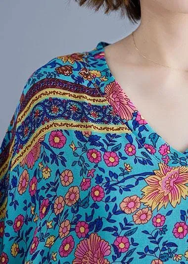 Bohemian v neck pockets cotton summer tunic pattern Photography blue print long Dress