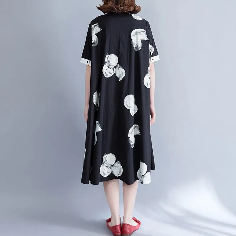 Boutique Black Prints Pure Chiffon Dress Oversize Chiffon Clothing Dresses Fine Big Hem Lapel Collar Chiffon Shirt Dress