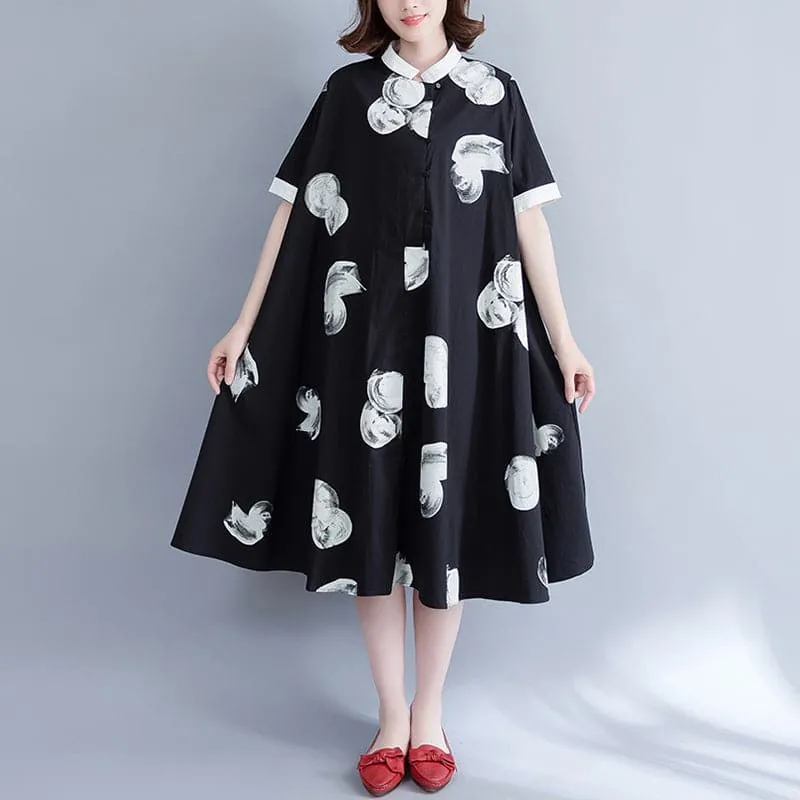 Boutique Black Prints Pure Chiffon Dress Oversize Chiffon Clothing Dresses Fine Big Hem Lapel Collar Chiffon Shirt Dress