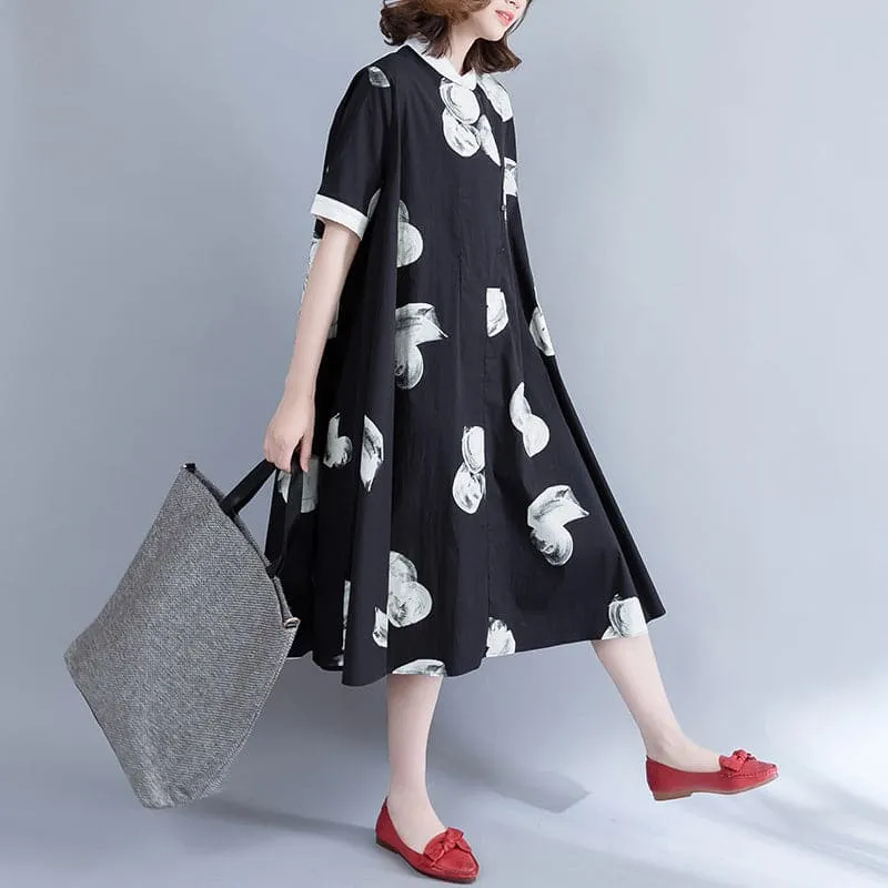 Boutique Black Prints Pure Chiffon Dress Oversize Chiffon Clothing Dresses Fine Big Hem Lapel Collar Chiffon Shirt Dress