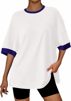 BTFBM Womens Oversized T Shirts Dressy Casual Short Sleeve Summer Tops Crew Neck Color Block Blouse Loose Fit Basic Tee
