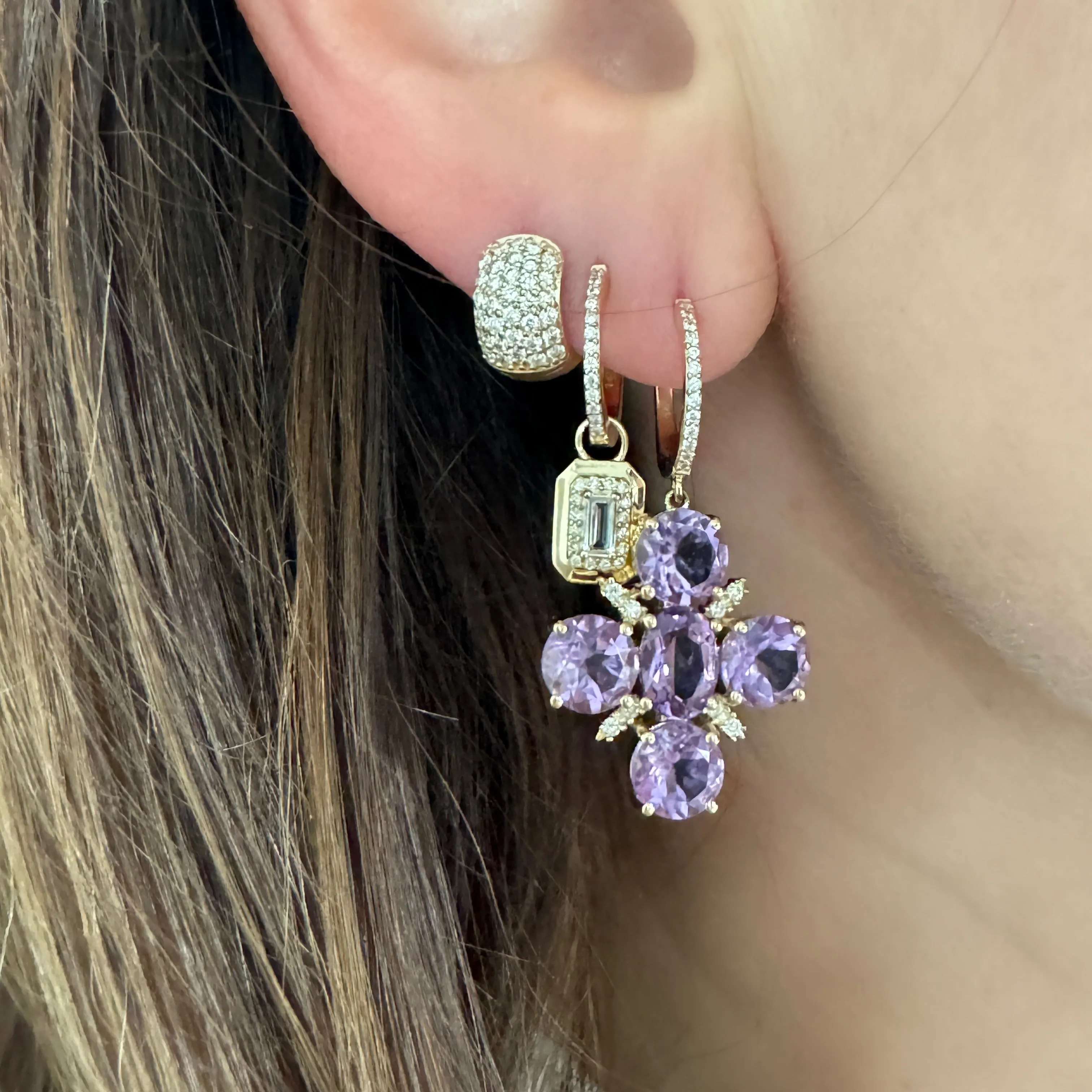 Chunky Amethyst Drop Huggie Hoop Earrings