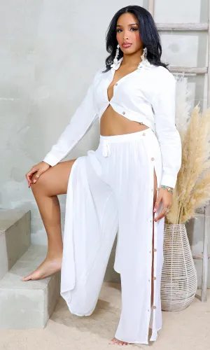 Cotton Breeze | Side Buttons Wide Leg Pants - White