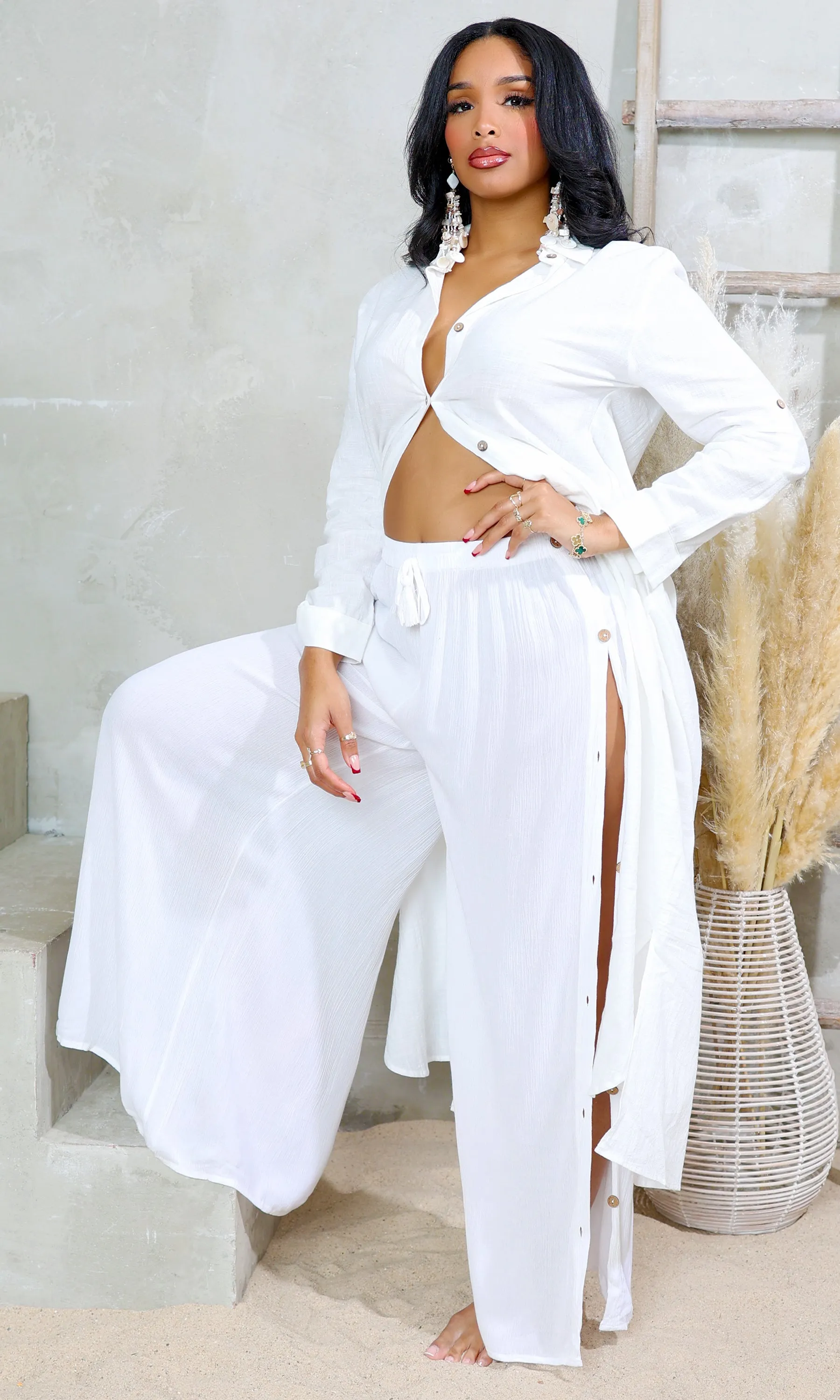 Cotton Breeze | Side Buttons Wide Leg Pants - White