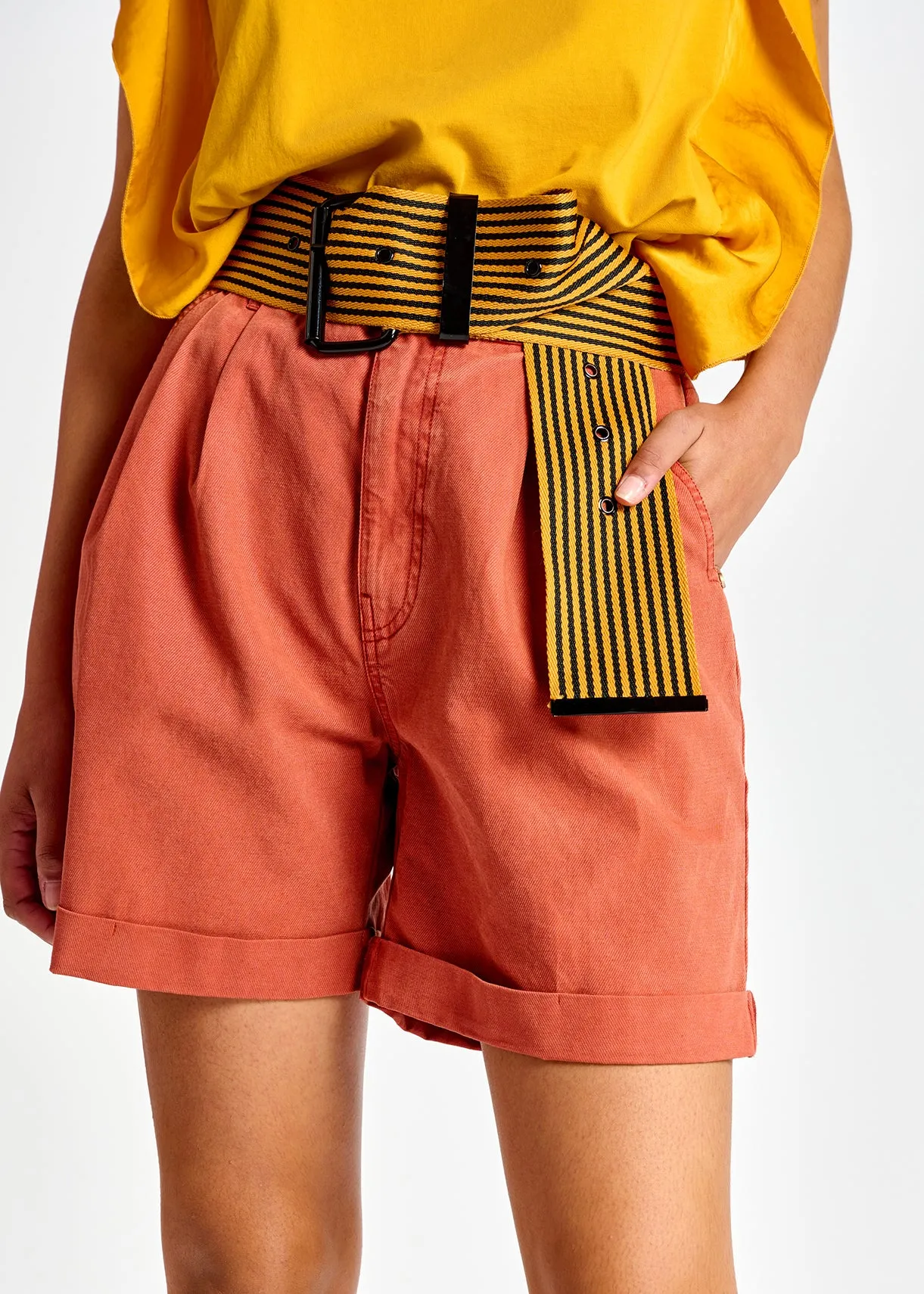 Dark orange high-rise loose-fit denim shorts