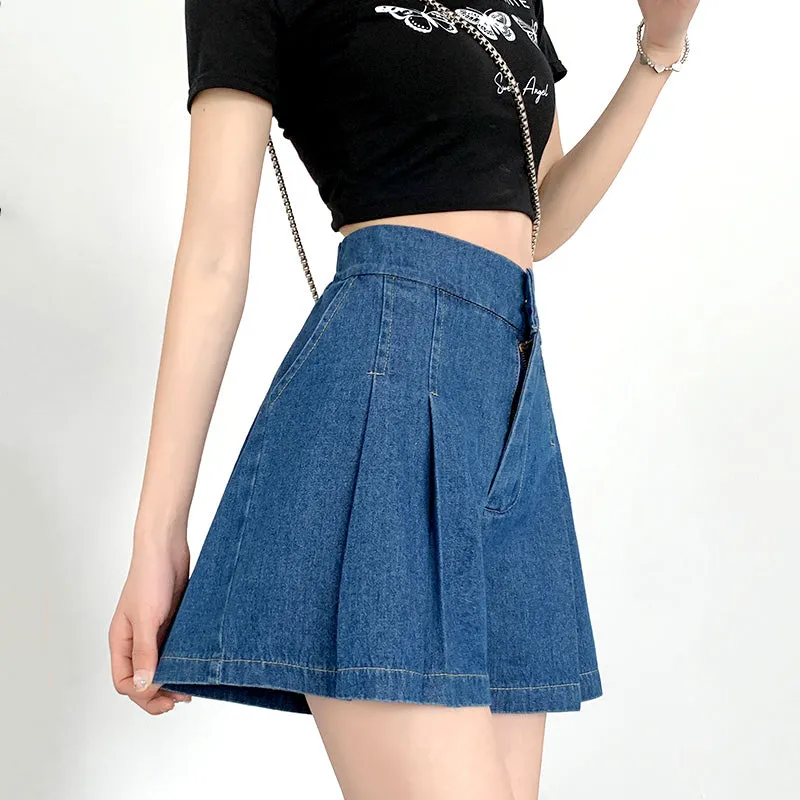 Denim Breeze Pleated Shorts