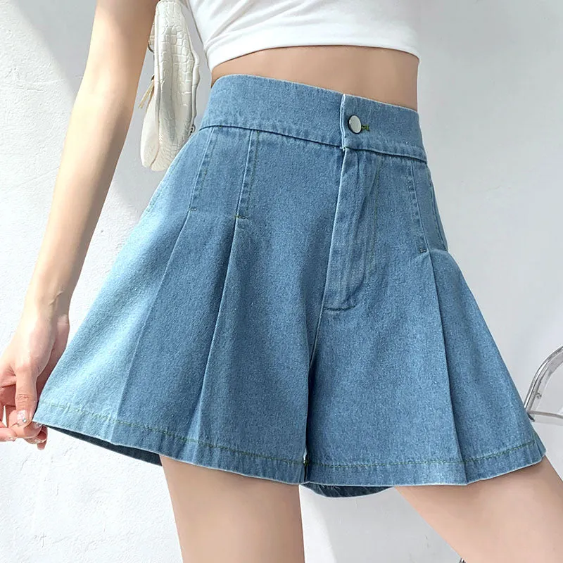 Denim Breeze Pleated Shorts