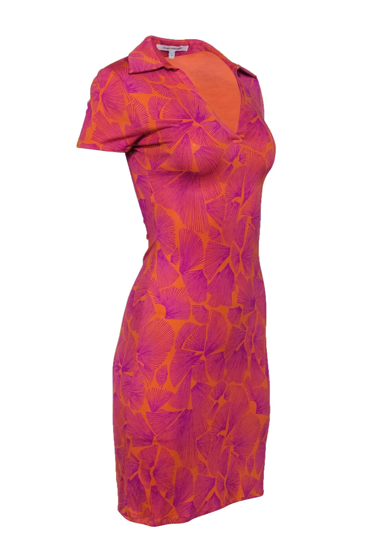 Diane von Furstenberg - Orange & Purple Printed Silk Collared Dress Sz 2