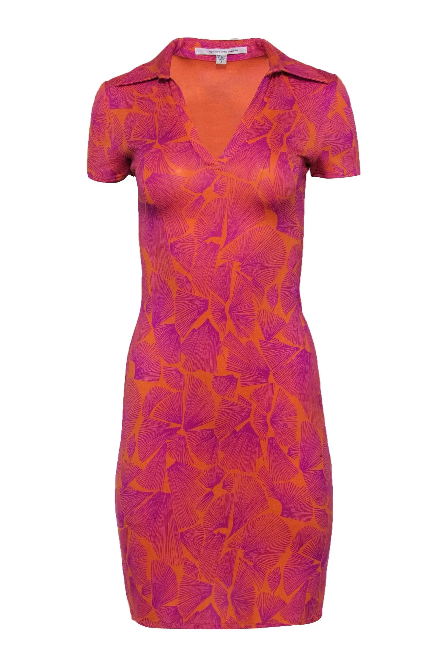 Diane von Furstenberg - Orange & Purple Printed Silk Collared Dress Sz 2