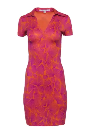 Diane von Furstenberg - Orange & Purple Printed Silk Collared Dress Sz 2