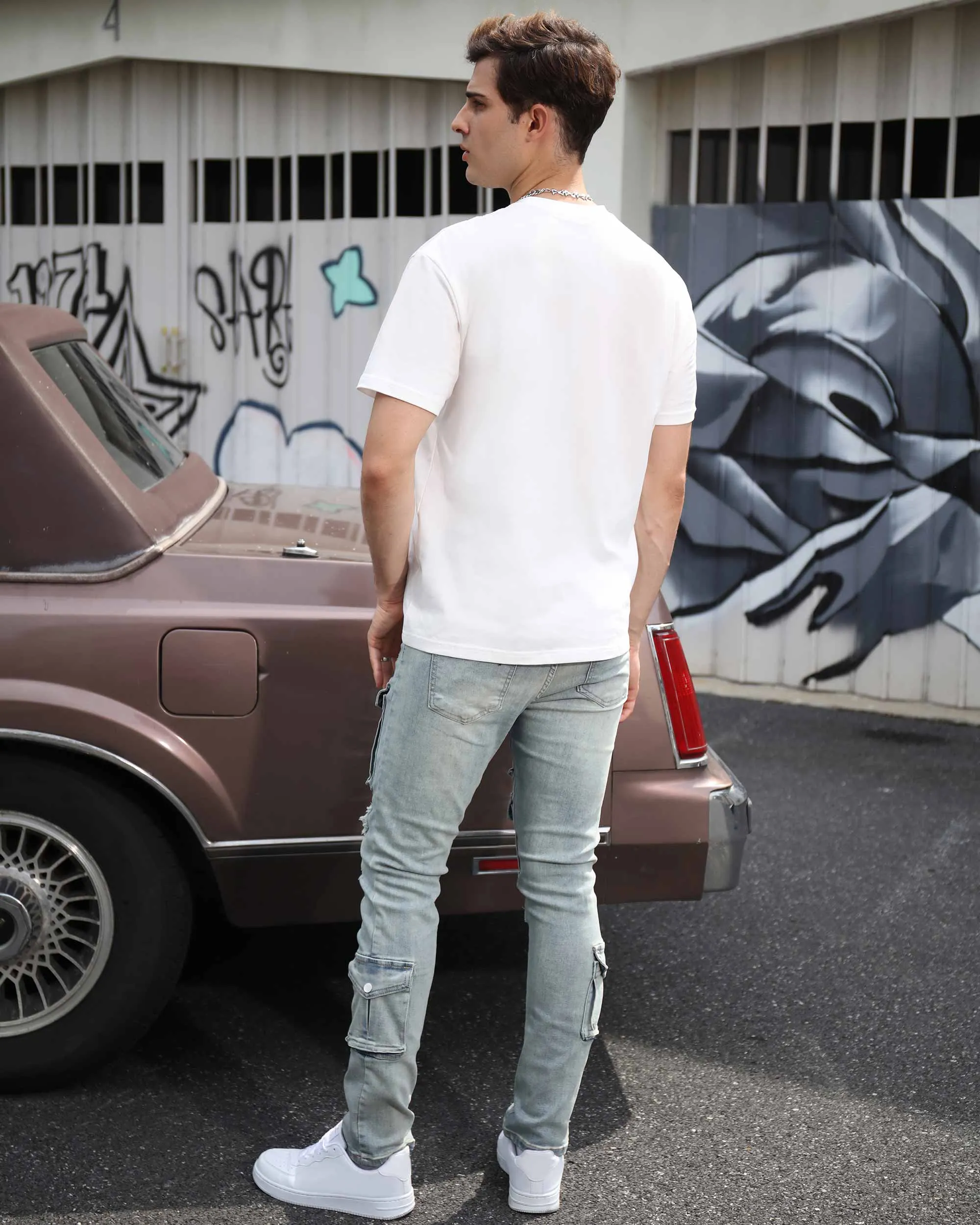 Distressed Blue Cargo Ripped Jeans with Multiple Pockets