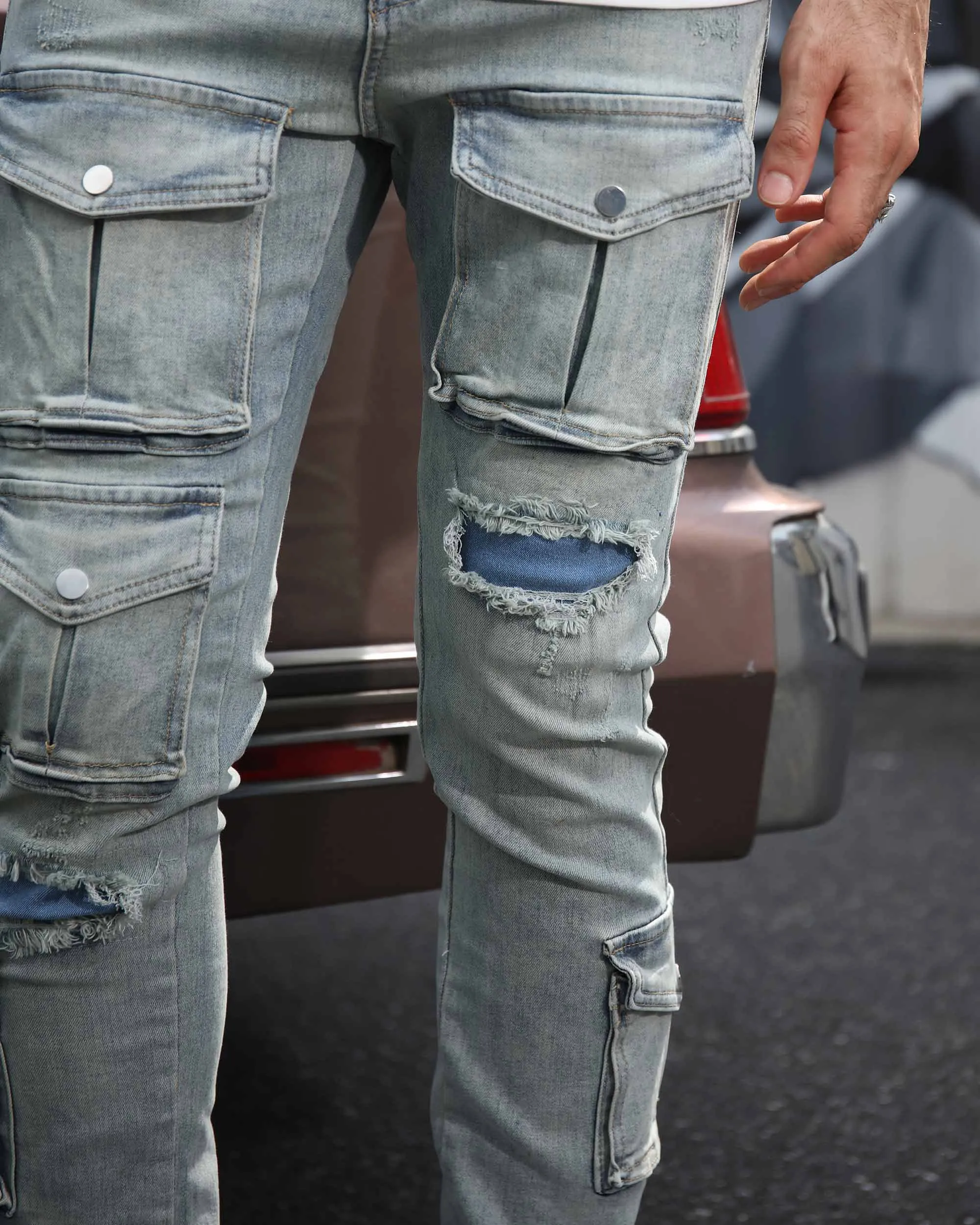 Distressed Blue Cargo Ripped Jeans with Multiple Pockets