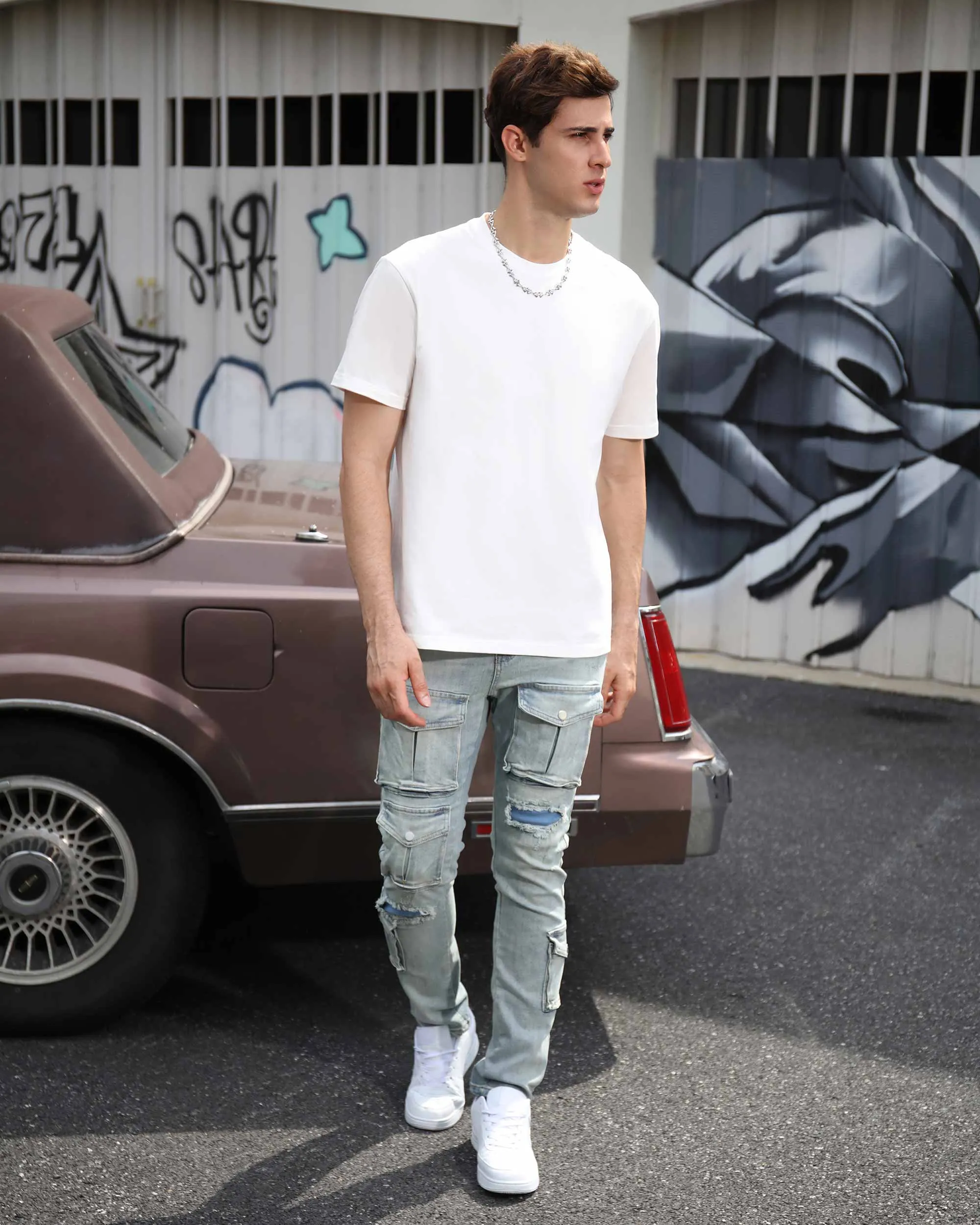 Distressed Blue Cargo Ripped Jeans with Multiple Pockets