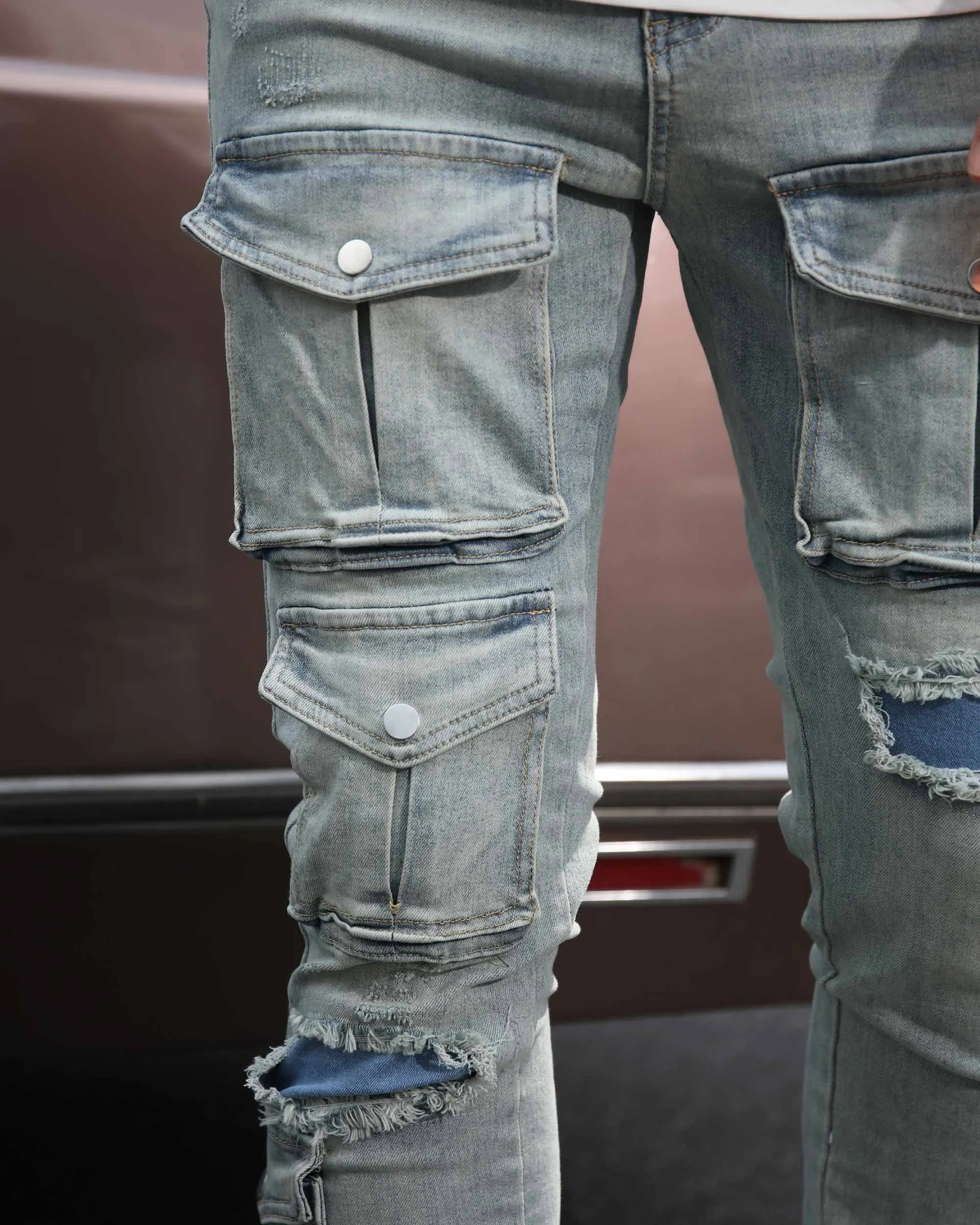Distressed Blue Cargo Ripped Jeans with Multiple Pockets