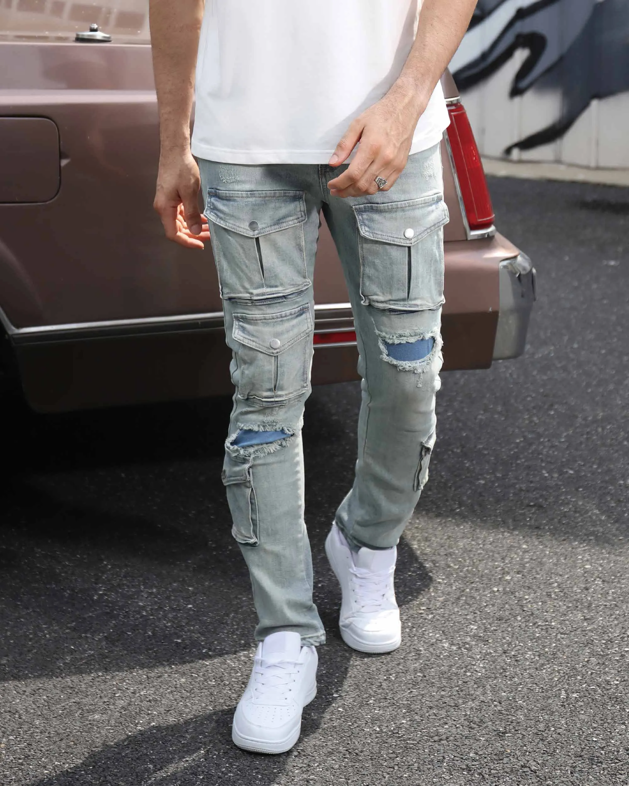 Distressed Blue Cargo Ripped Jeans with Multiple Pockets