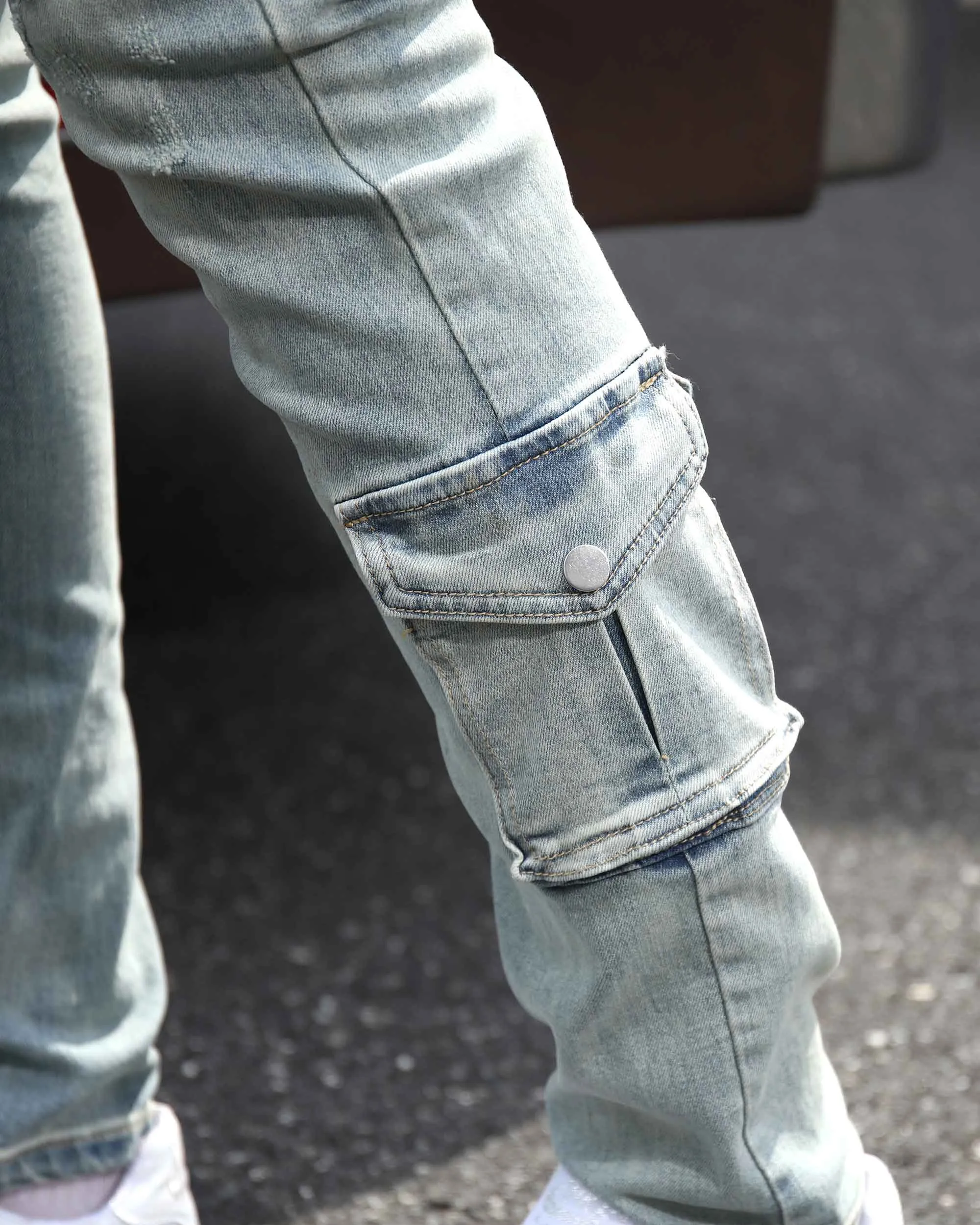 Distressed Blue Cargo Ripped Jeans with Multiple Pockets