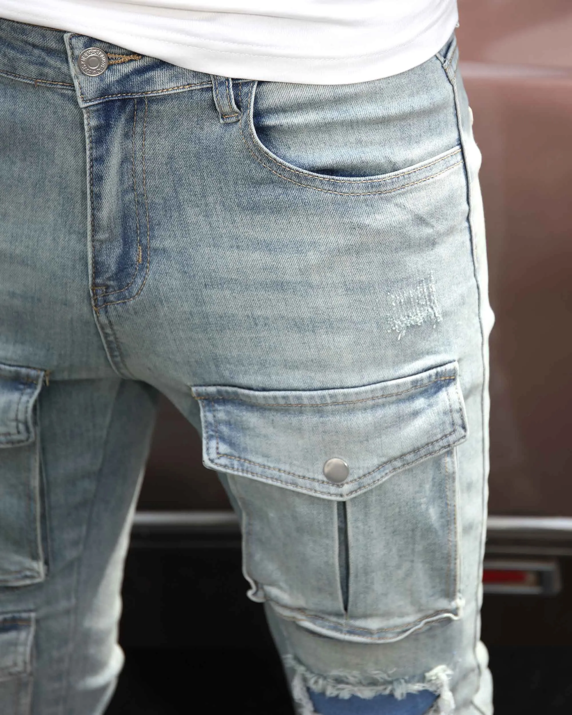 Distressed Blue Cargo Ripped Jeans with Multiple Pockets