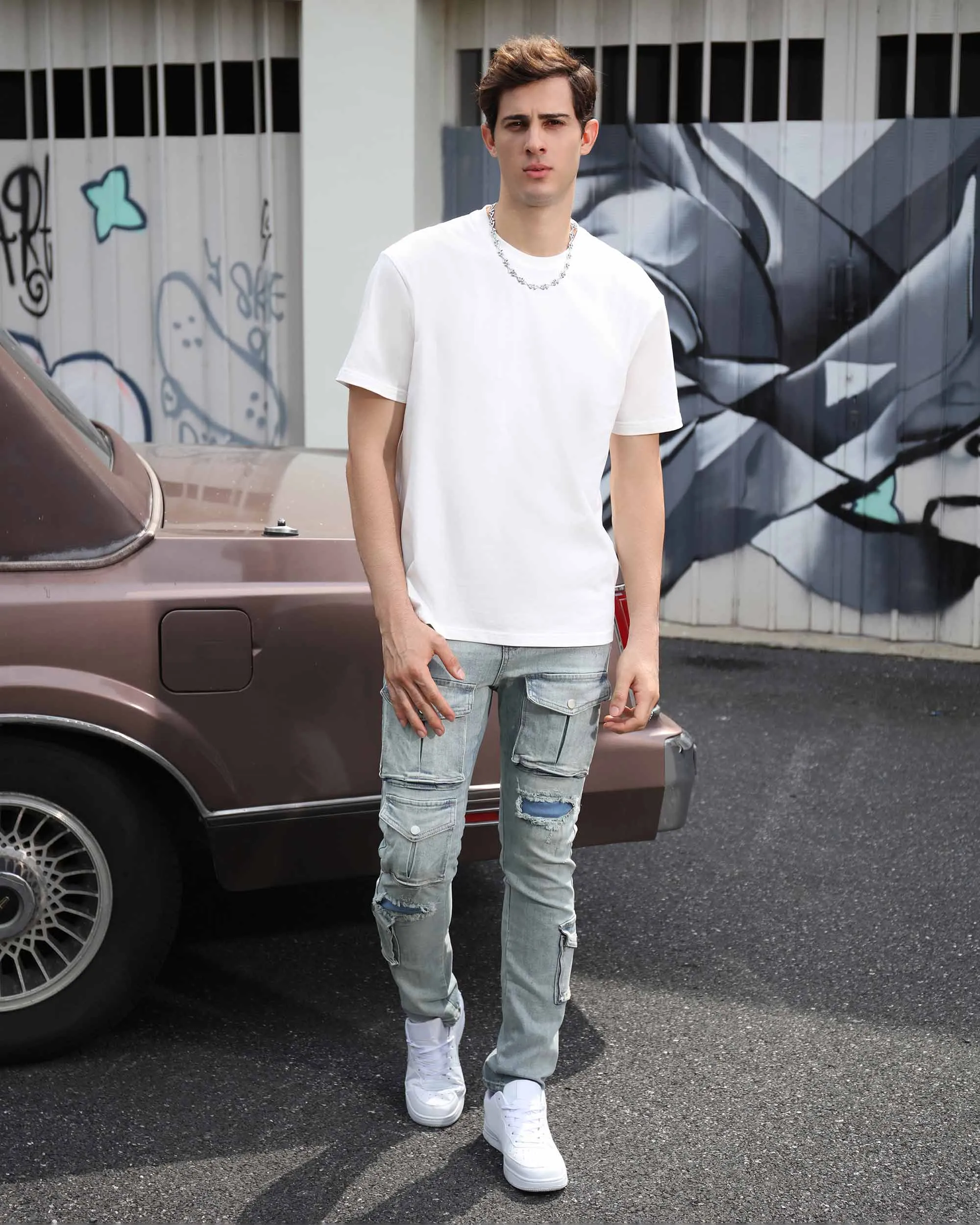 Distressed Blue Cargo Ripped Jeans with Multiple Pockets