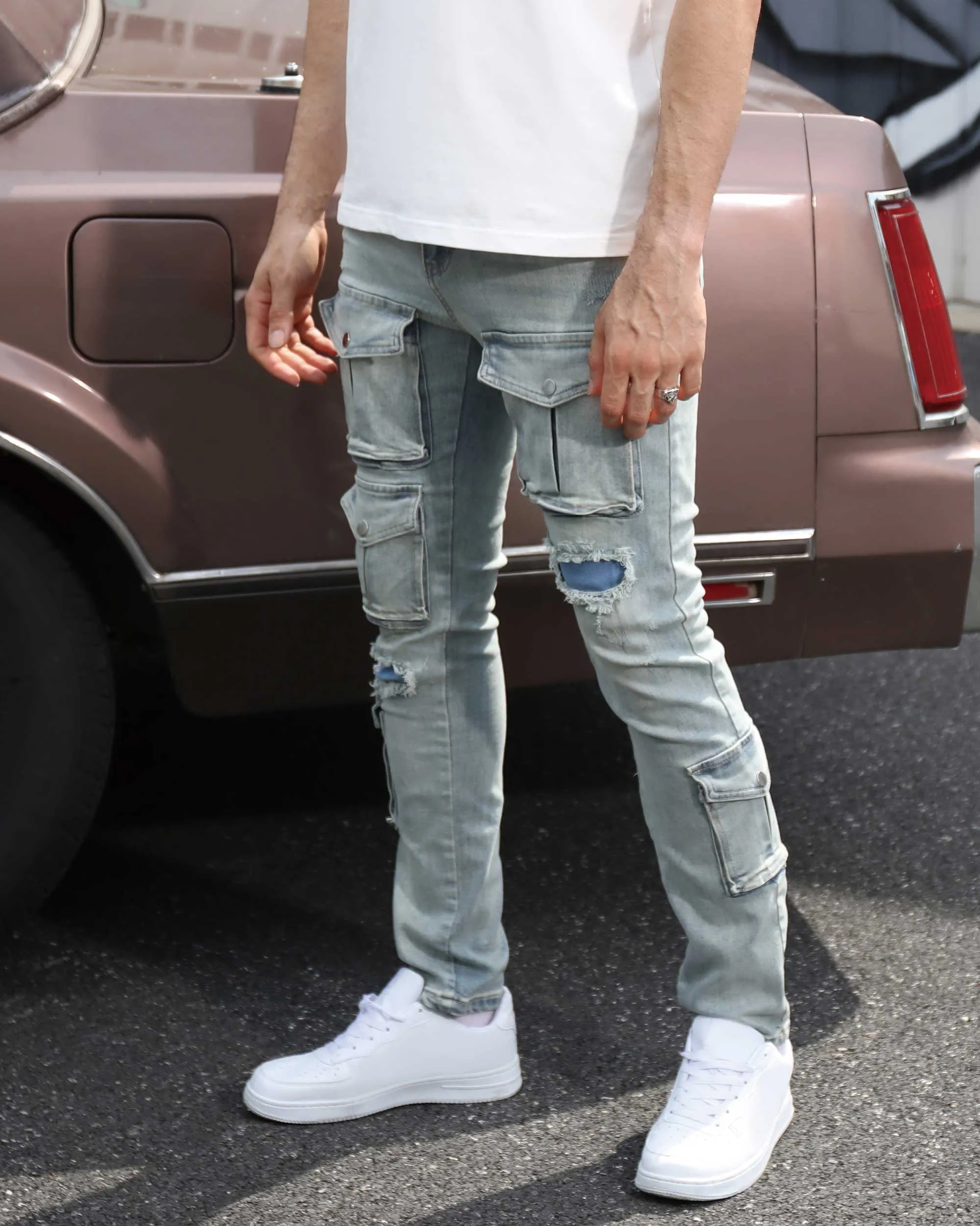 Distressed Blue Cargo Ripped Jeans with Multiple Pockets