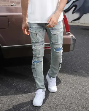 Distressed Blue Cargo Ripped Jeans with Multiple Pockets