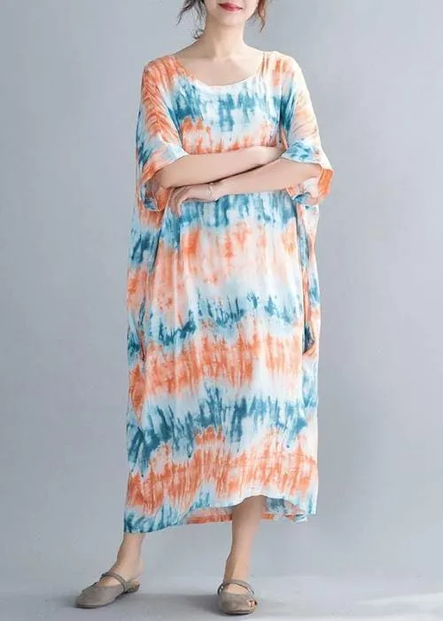 DIY orange print cotton dresses o neck Batwing Sleeve Maxi summer Dress