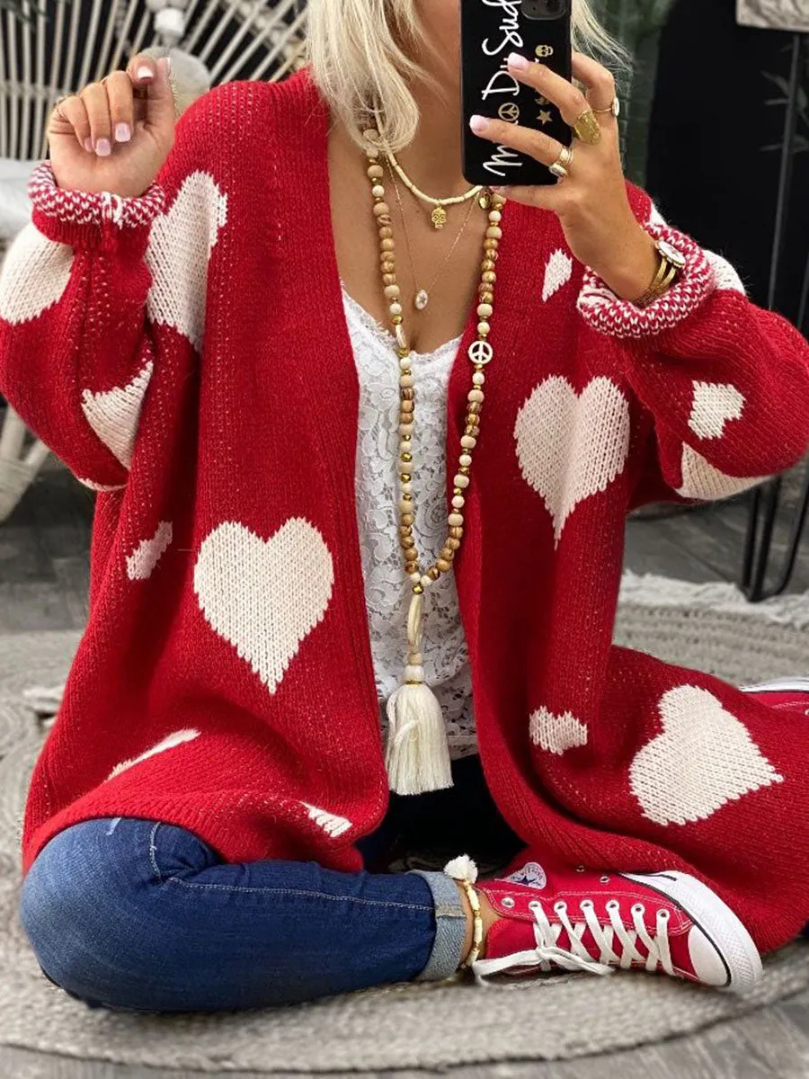 Fashion Casual Love Printed Sweater Cardigan