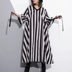 fashion striped cotton caftans Loose fitting tie waist cotton maxi dress fine v neck cotton caftans