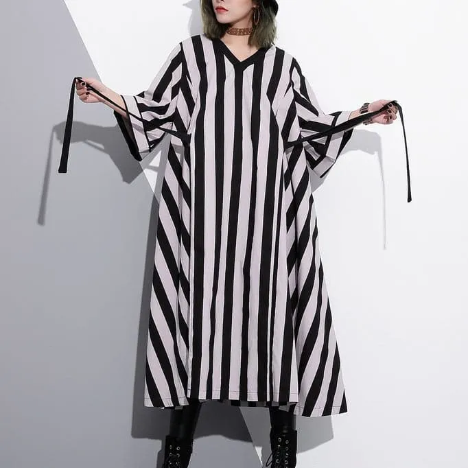 fashion striped cotton caftans Loose fitting tie waist cotton maxi dress fine v neck cotton caftans