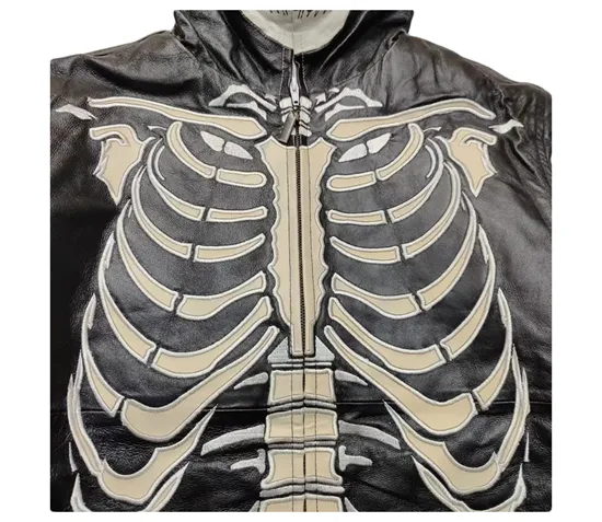 FASURO EFFANIE SKELETON DESIGN LEATHER HOODIE JACKET IN BLACK