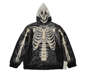 FASURO EFFANIE SKELETON DESIGN LEATHER HOODIE JACKET IN BLACK