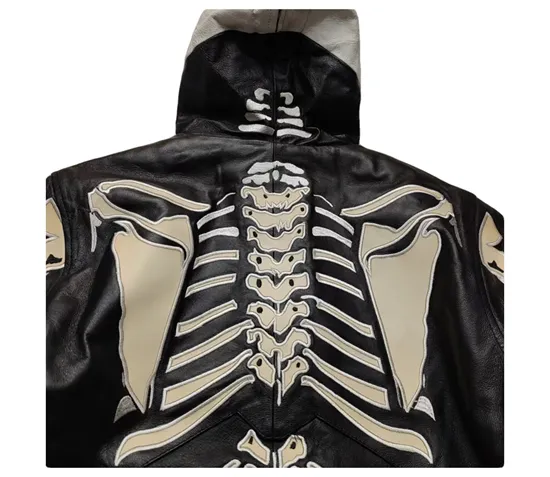 FASURO EFFANIE SKELETON DESIGN LEATHER HOODIE JACKET IN BLACK