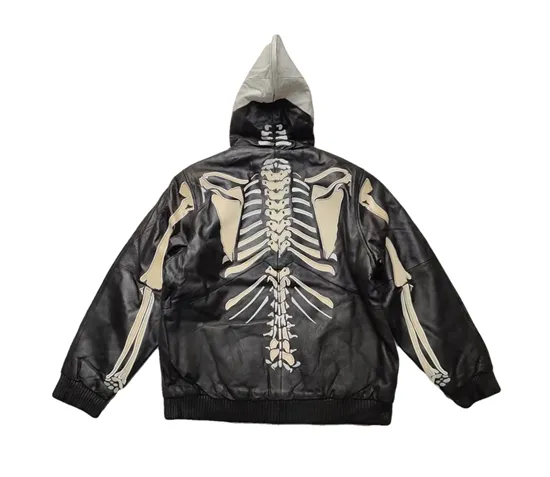FASURO EFFANIE SKELETON DESIGN LEATHER HOODIE JACKET IN BLACK